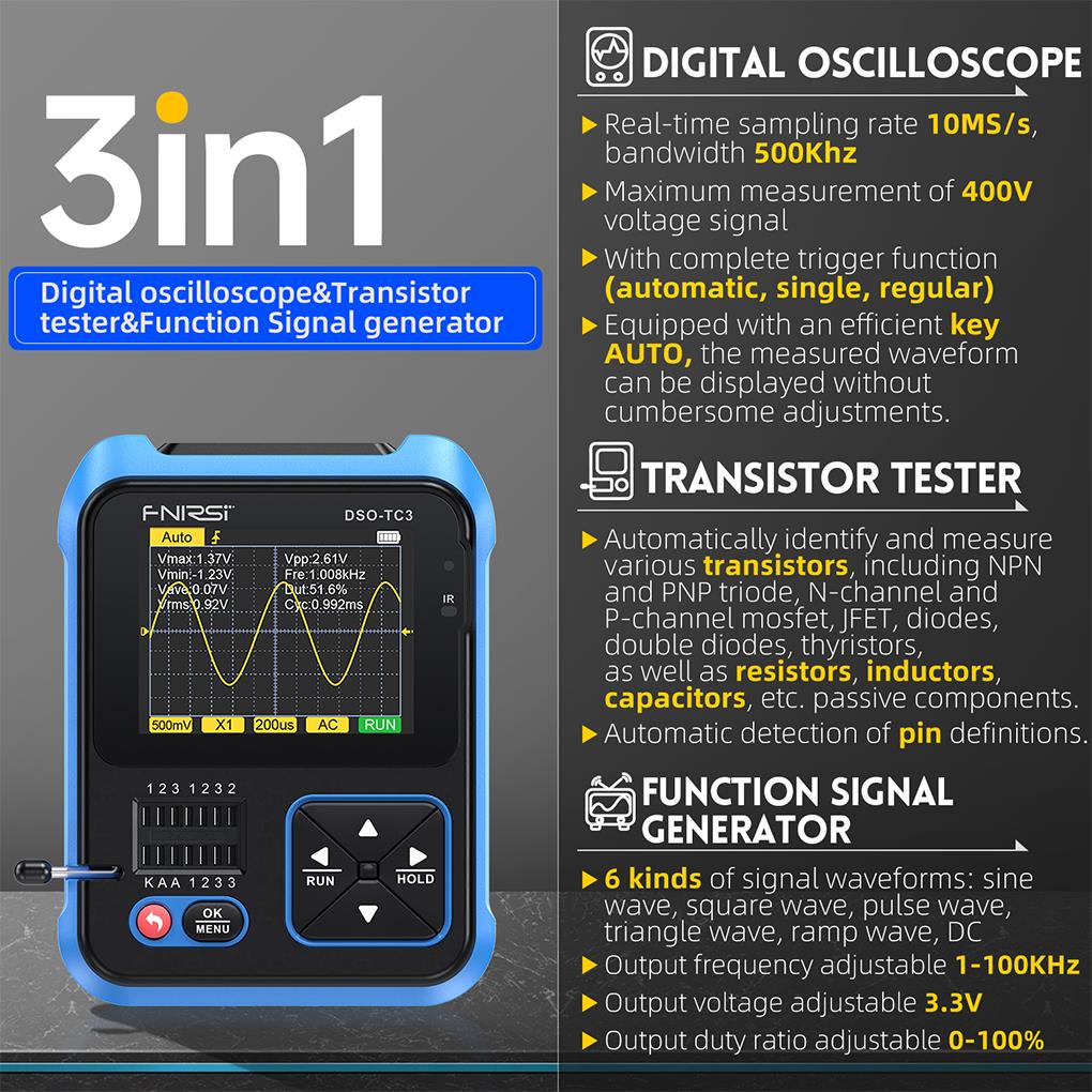 FNIRSI DSO-TC3, 3in1 osiloskop - Fnirsi Digital Oscilloscope Handheld ulasan dan harga